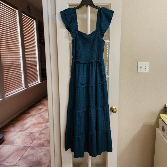 Rebellion Dresses & Skirts - Rebellion Women’s Teal Tiered Maxi Dress Boho Cottagecore Western Ruffle Sleeves